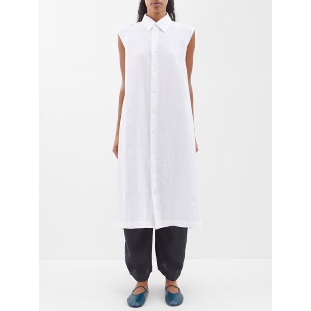 ESKANDAR Slim A-line Sleeveless Shirtdress With Collar In White size 1